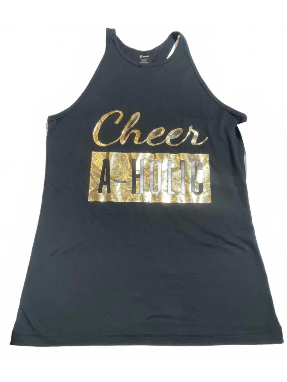NWT Racerback Tank Top Black with Gold Cheer A-Holic Gold Lettering Size XL